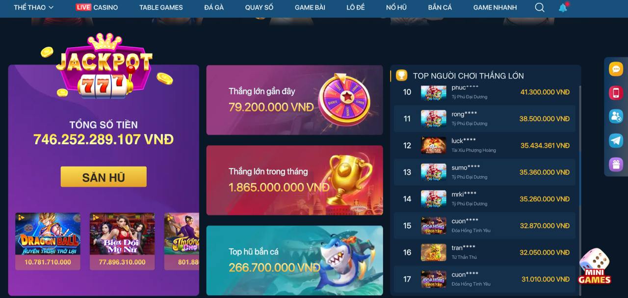 Ảnh chụp màn hình giải thưởng Jackpot tại WINVN